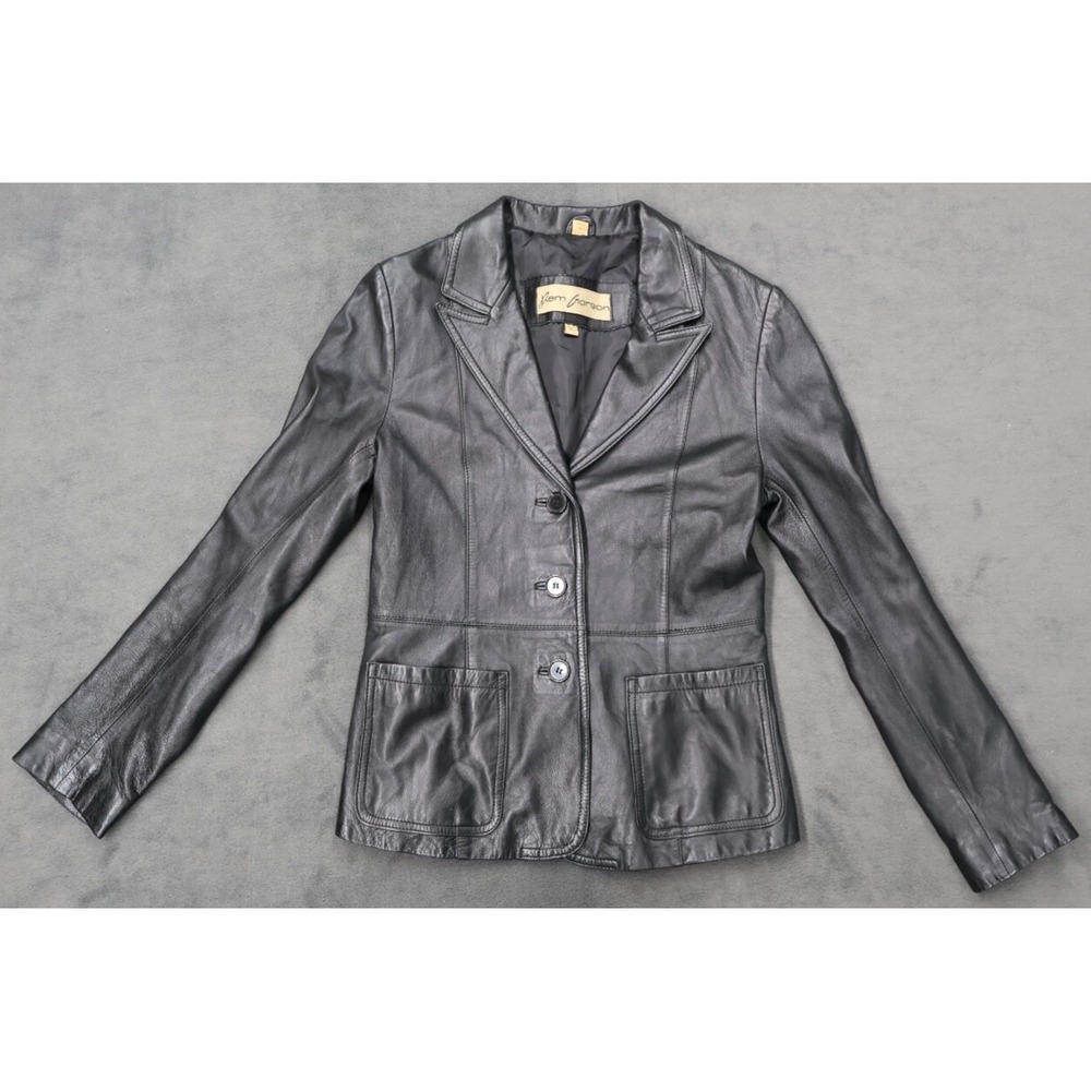 Rom Garson Womens Black Leather Blazer Jacket Size XS 3 Button Patch Pockets